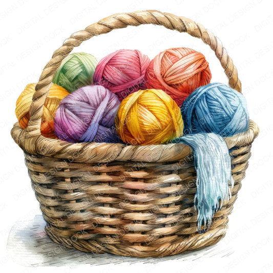 Knitting Wool Basket fussy cut sheet in US Letter format showing all 12 designs on one printable page