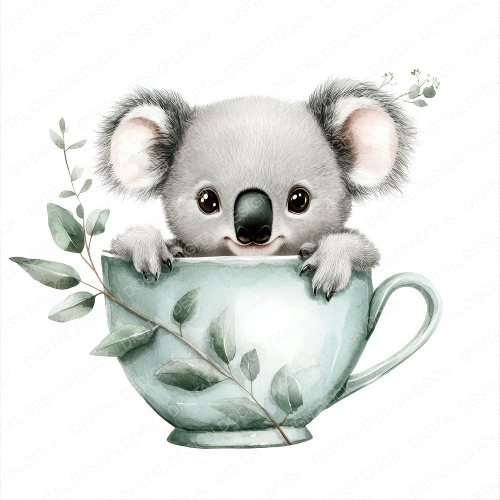 Koala in Eucalyptus Teacup fussy cut sheet in A4 format showing all 12 designs on one printable page