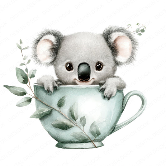 Koala in Eucalyptus Teacup fussy cut sheet in A4 format showing all 12 designs on one printable page