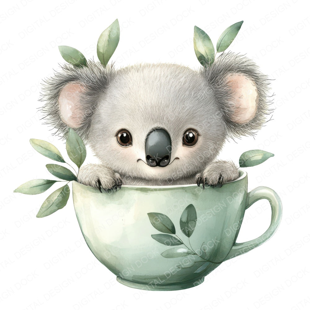 Koala in Eucalyptus Teacup fussy cut sheet in US Letter format showing all 12 designs on one printable page