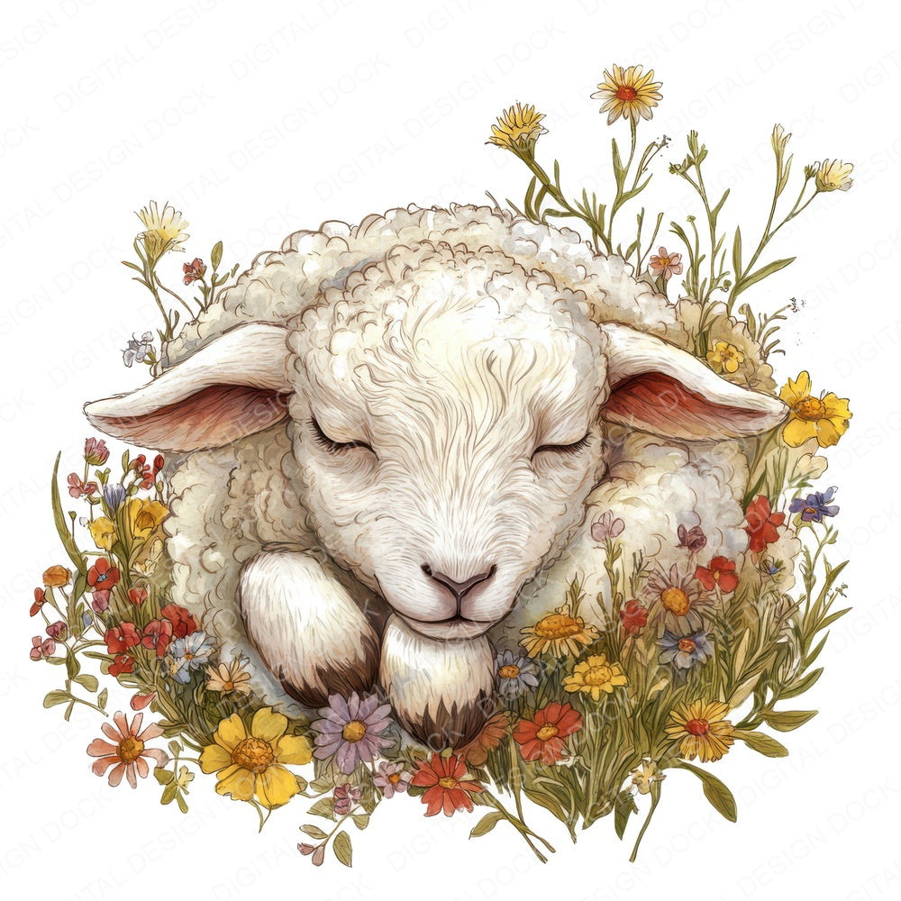 Lamb Sleeping in Flowers fussy cut sheet in A4 format showing all 12 designs on one printable page