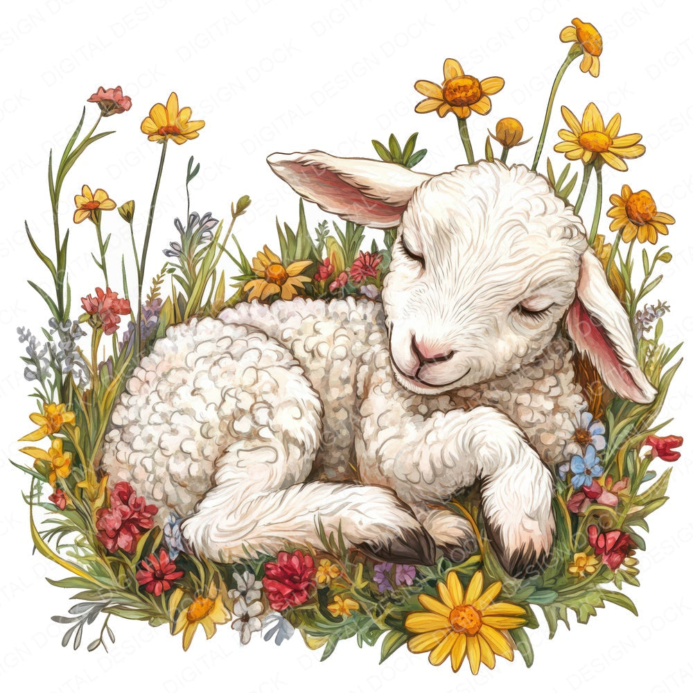 Lamb Sleeping in Flowers fussy cut sheet in US Letter format showing all 12 designs on one printable page