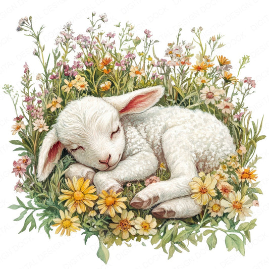 Lamb Sleeping in Wildflowers fussy cut sheet in A4 format showing all 12 designs on one printable page