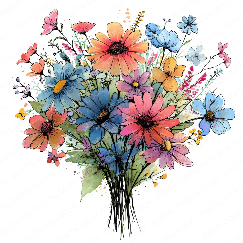 Large Cartoon Wildflower Bouquet fussy cut sheet in A4 format showing all 12 designs on one printable page