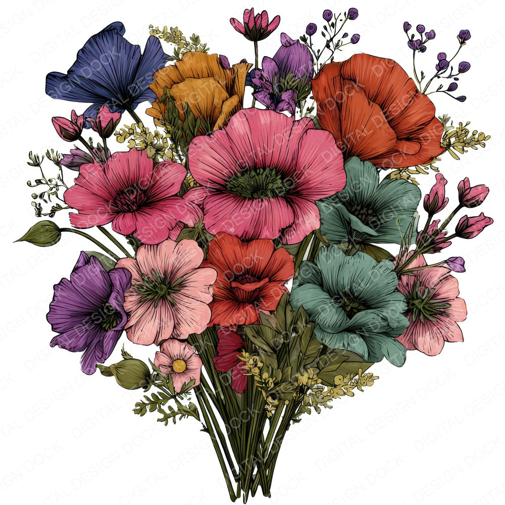 Large Cartoon Wildflower Bouquet fussy cut sheet in US Letter format showing all 12 designs on one printable page