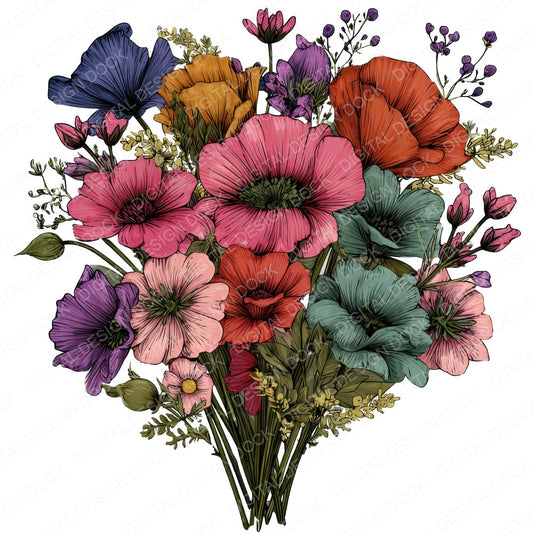 Large Cartoon Wildflower Bouquet fussy cut sheet in US Letter format showing all 12 designs on one printable page