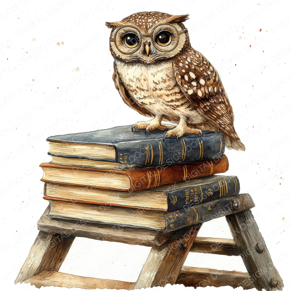 Library Owl on Ladder fussy cut sheet in A4 format showing all 12 designs on one printable page