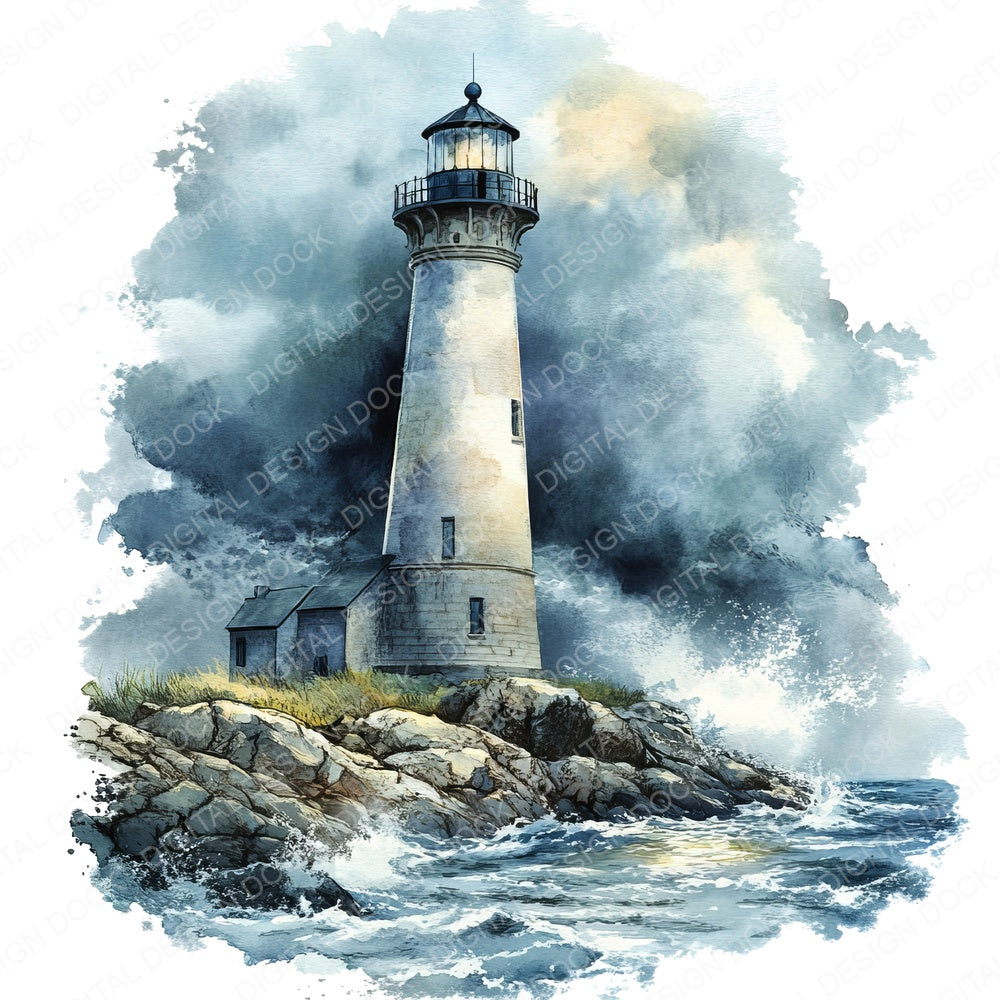 Lighthouse Stormy Night fussy cut sheet in A4 format showing all 12 designs on one printable page