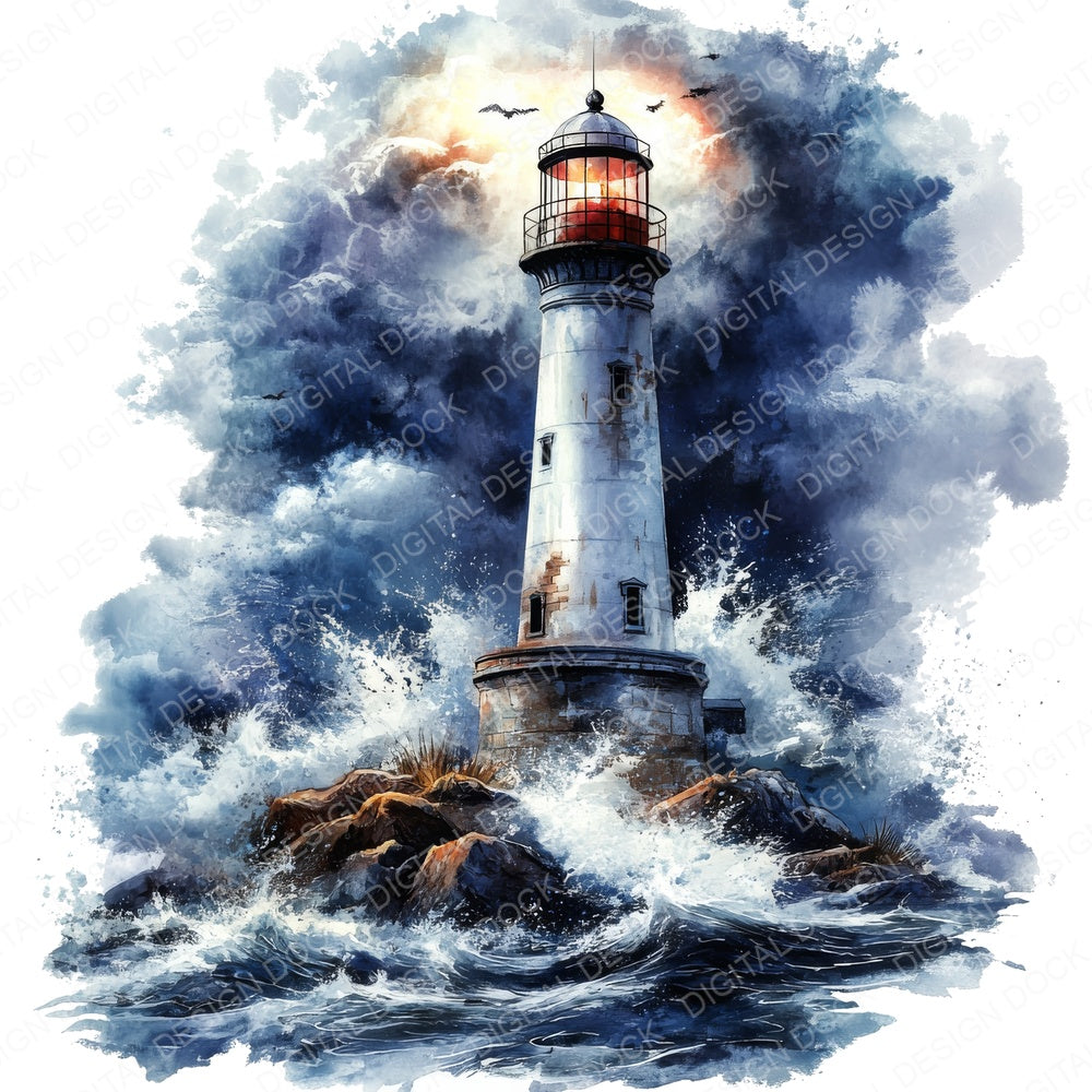 Lighthouse Stormy Night fussy cut sheet in US Letter format showing all 12 designs on one printable page