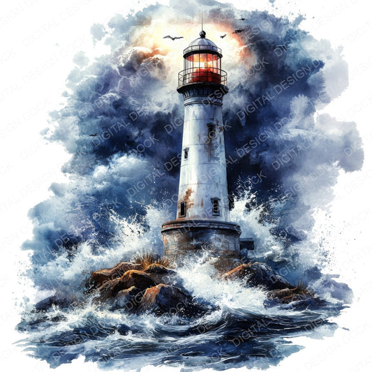 Lighthouse Stormy Night fussy cut sheet in US Letter format showing all 12 designs on one printable page