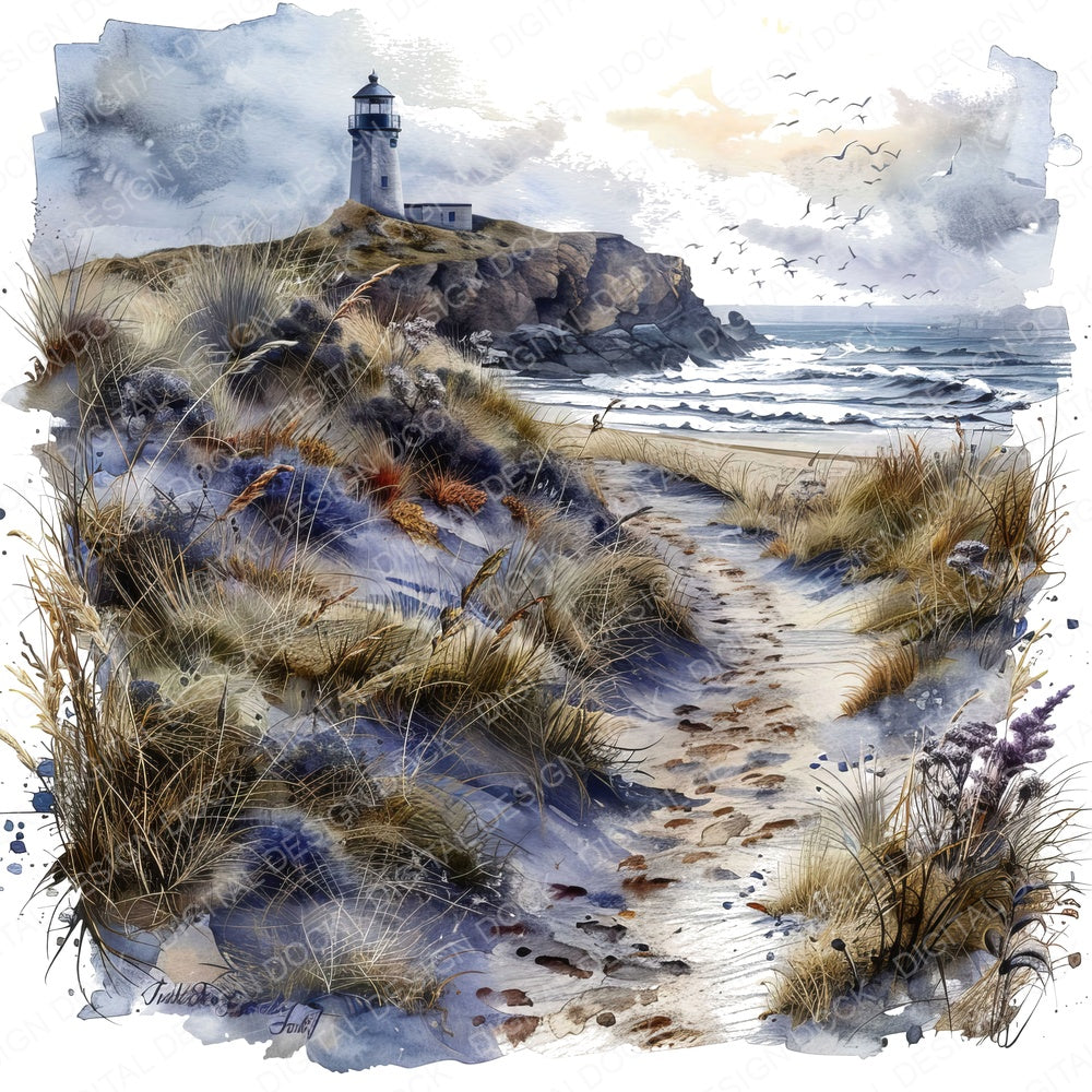 Lighthouse over the Sand Dunes fussy cut sheet in A4 format showing all 12 designs on one printable page
