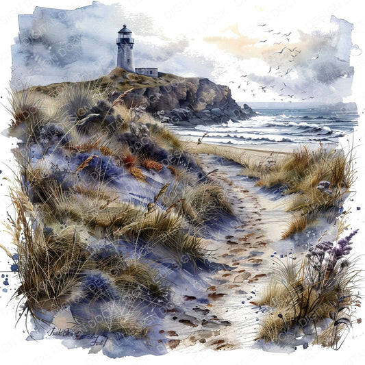 Lighthouse over the Sand Dunes fussy cut sheet in A4 format showing all 12 designs on one printable page
