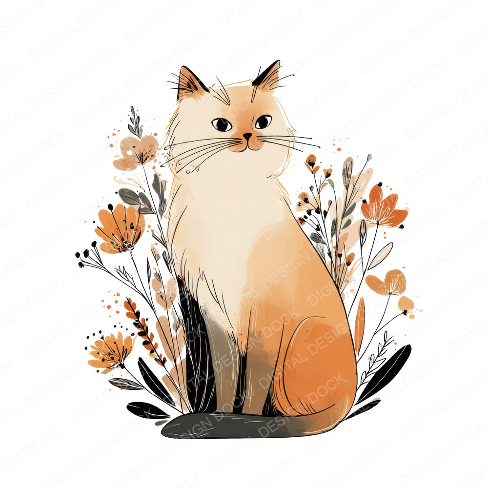 Line Art Cat Floral fussy cut sheet in US Letter format showing all 12 designs on one printable page