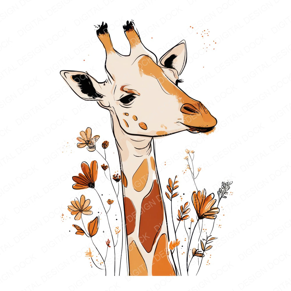 Line Art Giraffe Floral fussy cut sheet in A4 format showing all 12 designs on one printable page