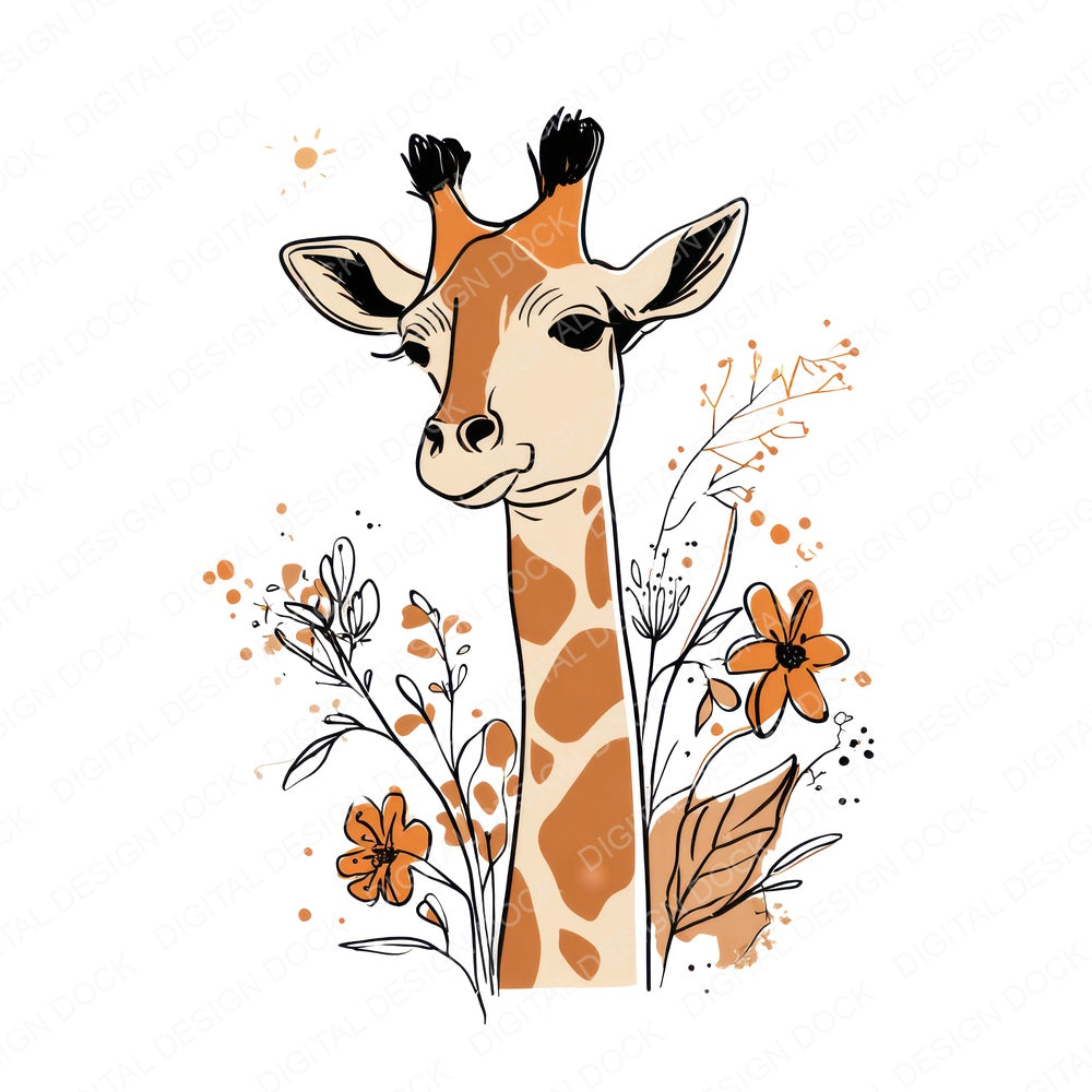 Line Art Giraffe Floral fussy cut sheet in US Letter format showing all 12 designs on one printable page