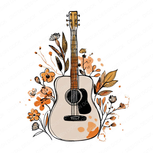 Line Art Guitar Floral fussy cut sheet in US Letter format showing all 12 designs on one printable page