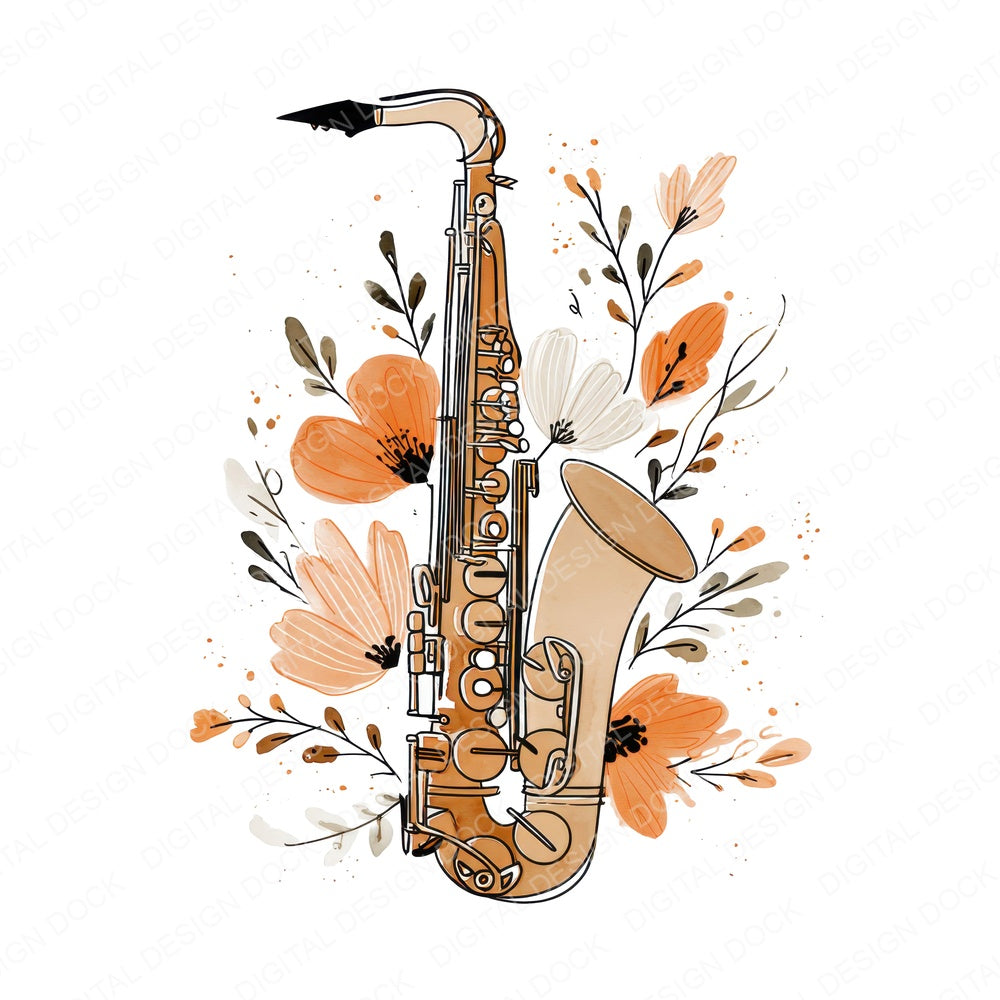 Line Art Saxophone Floral fussy cut sheet in A4 format showing all 12 designs on one printable page
