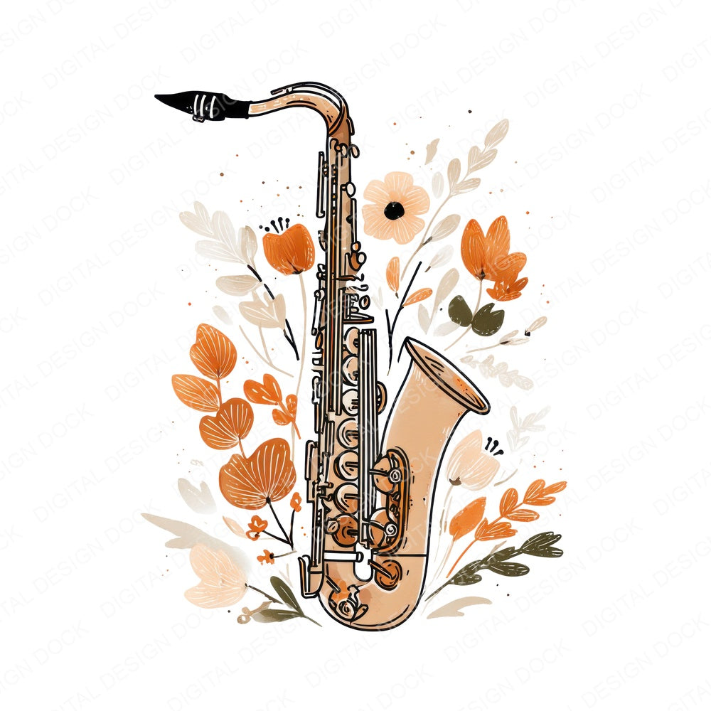 Line Art Saxophone Floral fussy cut sheet in US Letter format showing all 12 designs on one printable page