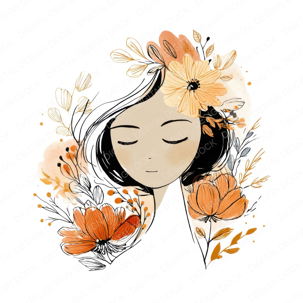 Line Art Woman Florals fussy cut sheet in A4 format showing all 12 designs on one printable page