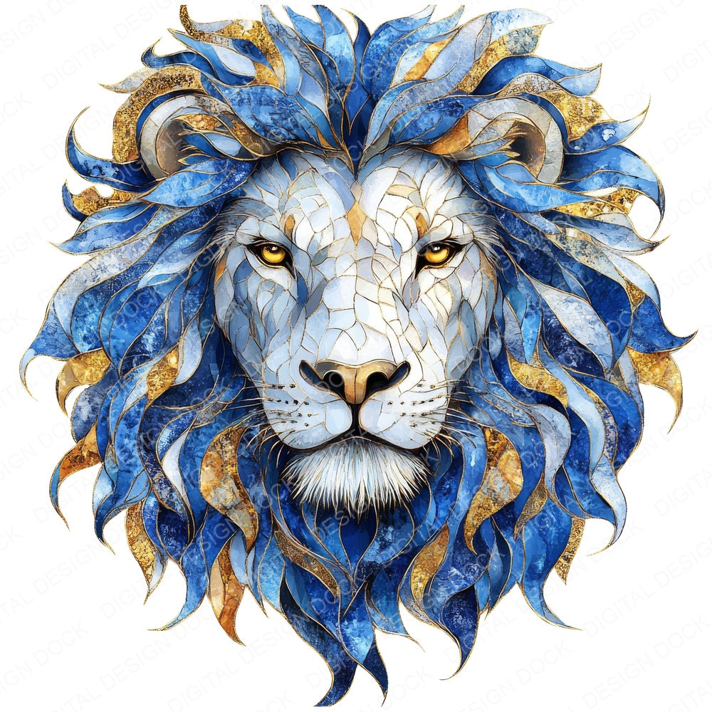 Lion Head Baroque Blue and Gold fussy cut sheet in A4 format showing all 12 designs on one printable page