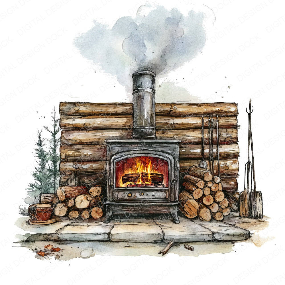 Log Burner Fire fussy cut sheet in US Letter format showing all 12 designs on one printable page