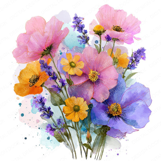 Loose Wildflower Watercolour Bouquet fussy cut sheet in A4 format showing all 12 designs on one printable page