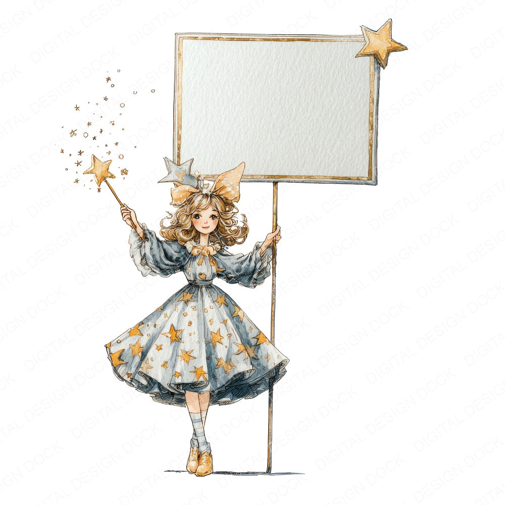 Magical Girl with Banner fussy cut sheet in A4 format showing all 12 designs on one printable page