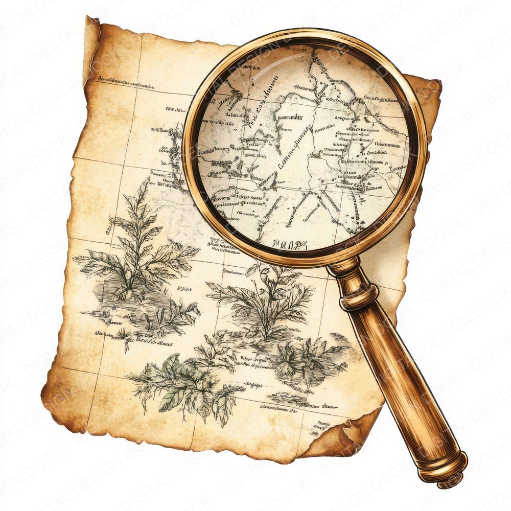 Magnifying Glass on Map A fussy cut sheet in A4 format showing all 12 designs on one printable page