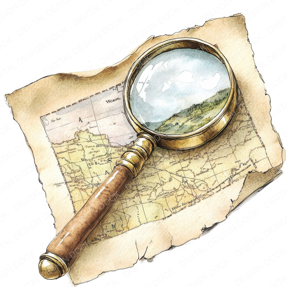 Magnifying Glass on Map B fussy cut sheet in A4 format showing all 12 designs on one printable page