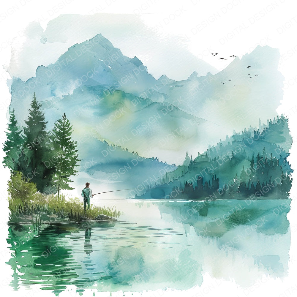 Man Fishing at Serene Lake fussy cut sheet in A4 format showing all 12 designs on one printable page