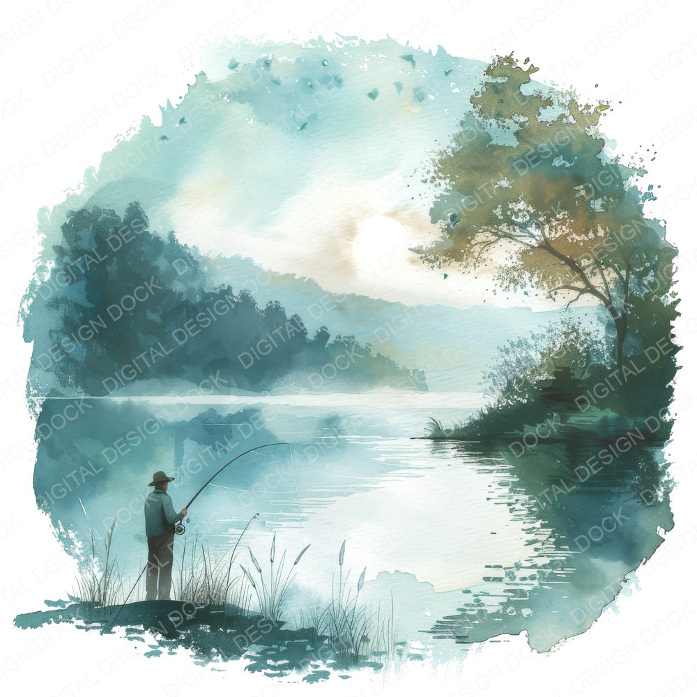 Man Fishing at Serene Lake fussy cut sheet in US Letter format showing all 12 designs on one printable page