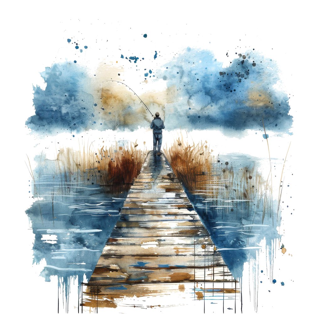 Man Fishing off Wooden Dock Clipart Set (DDD006012)