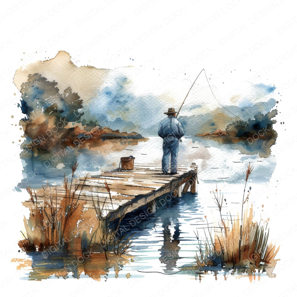 Man Fishing off Wooden Dock fussy cut sheet in US Letter format showing all 12 designs on one printable page