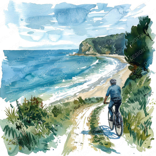 Man Riding Bicycle Coastal Path fussy cut sheet in A4 format showing all 12 designs on one printable page