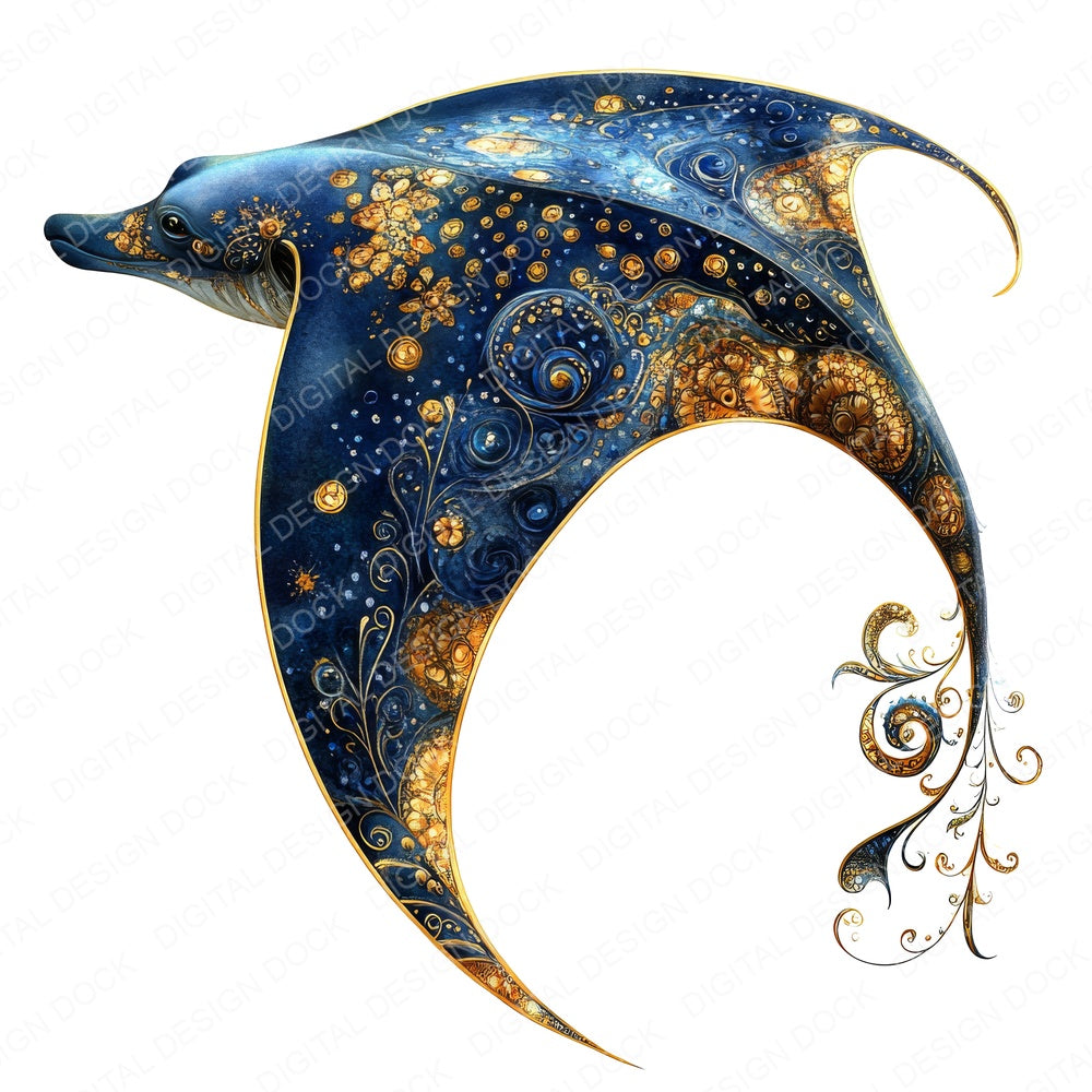 Manta Ray Baroque Blue and Gold fussy cut sheet in A4 format showing all 12 designs on one printable page