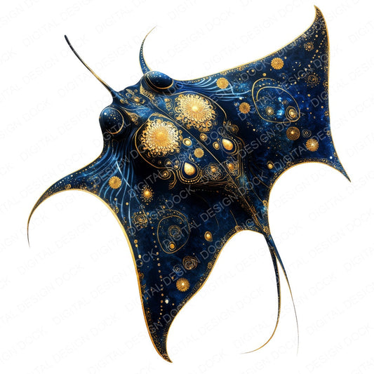 Manta Ray Baroque Blue and Gold fussy cut sheet in US Letter format showing all 12 designs on one printable page
