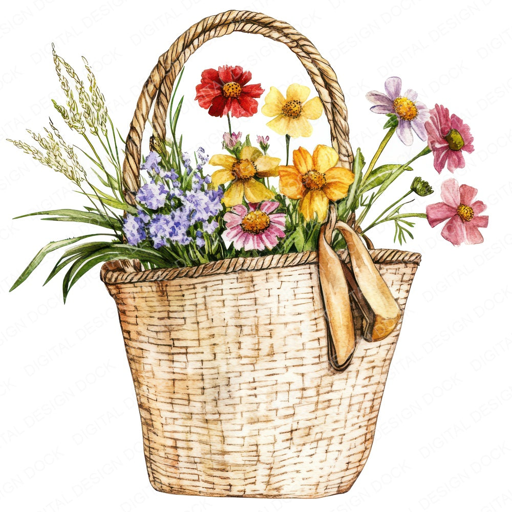 Market Bag with Garden Flowers fussy cut sheet in US Letter format showing all 12 designs on one printable page