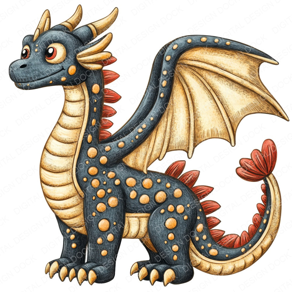 Medieval Dragon Cartoon fussy cut sheet in US Letter format showing all 12 designs on one printable page