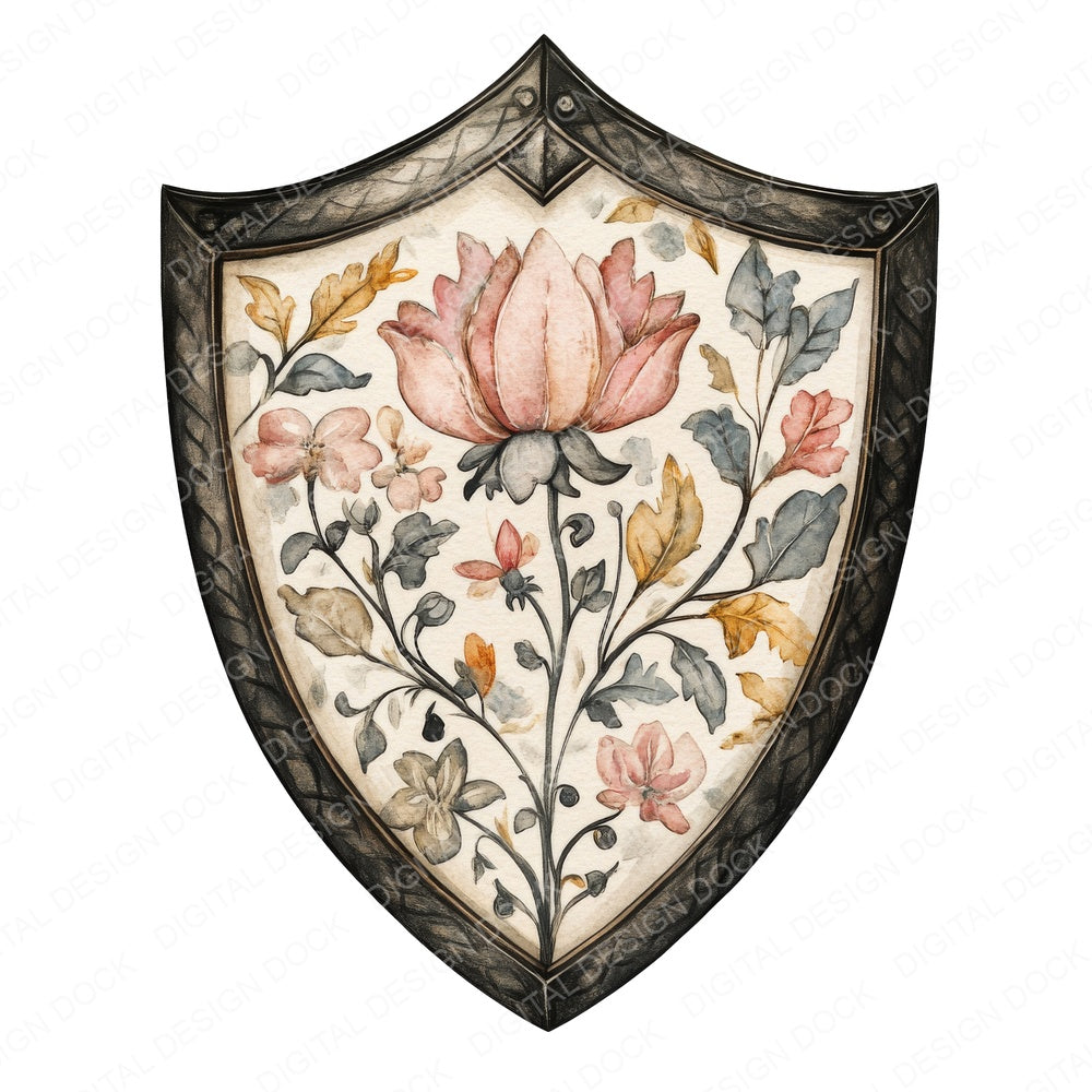 Medieval Floral Shield fussy cut sheet in A4 format showing all 12 designs on one printable page