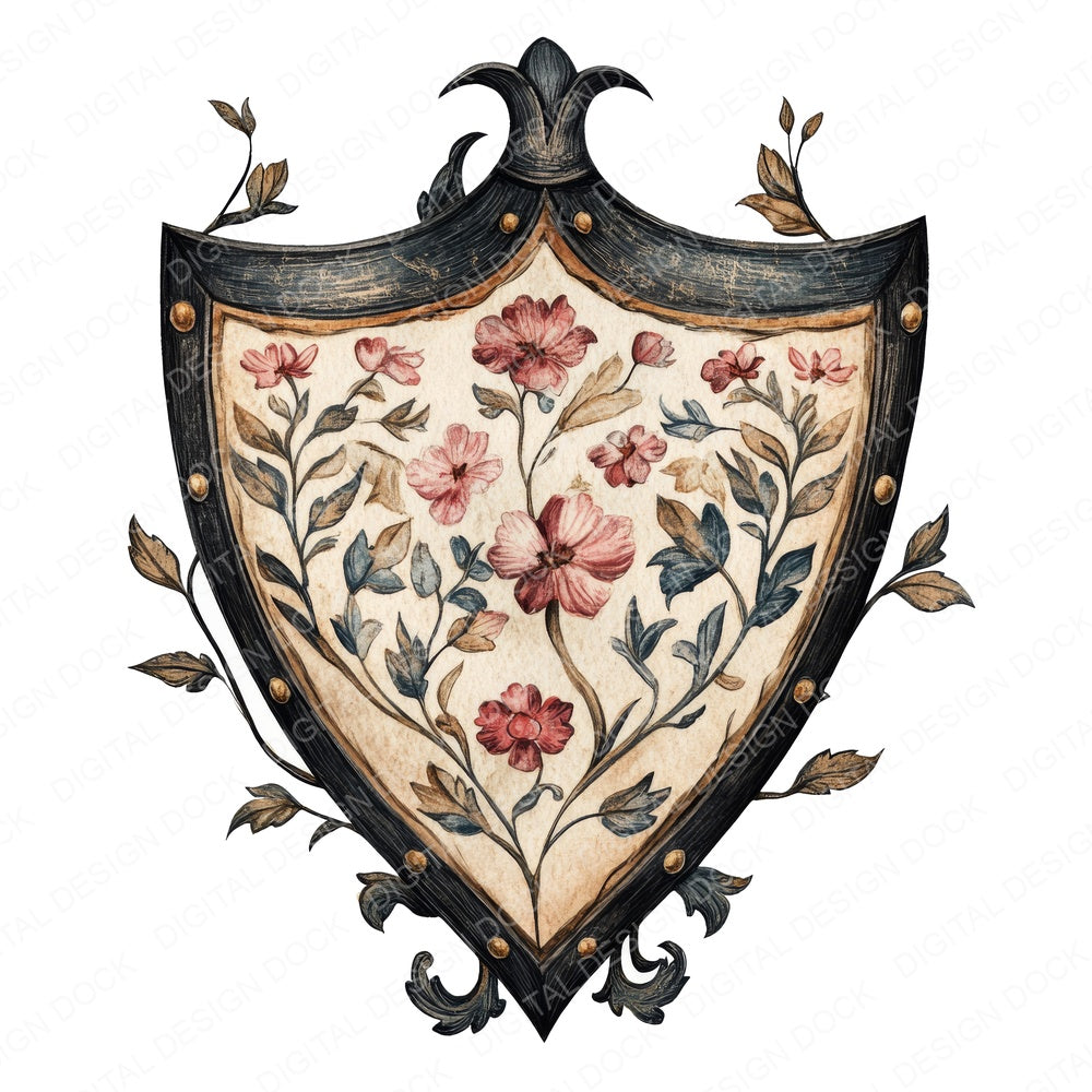 Medieval Floral Shield fussy cut sheet in US Letter format showing all 12 designs on one printable page