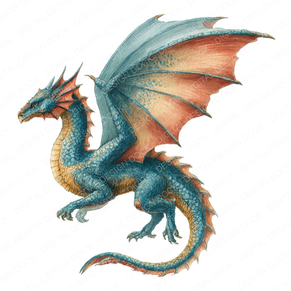 Medieval Flying Dragon B fussy cut sheet in US Letter format showing all 12 designs on one printable page