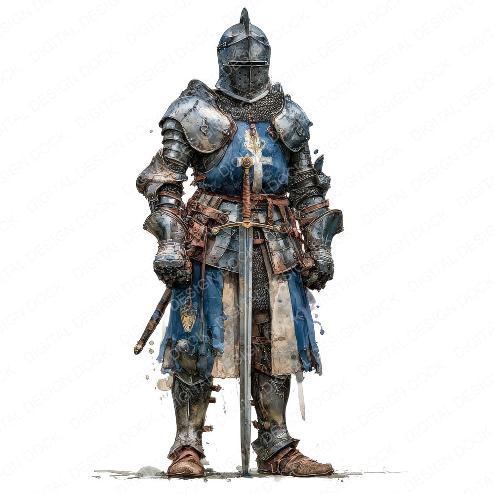 Medieval Knight Standing fussy cut sheet in A4 format showing all 12 designs on one printable page
