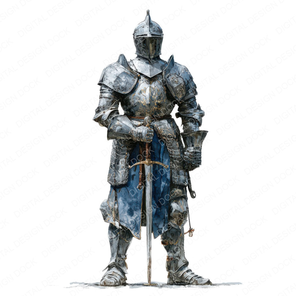 Medieval Knight Standing fussy cut sheet in US Letter format showing all 12 designs on one printable page