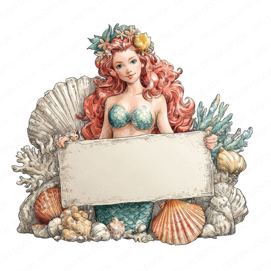 Mermaid with Banner fussy cut sheet in US Letter format showing all 12 designs on one printable page