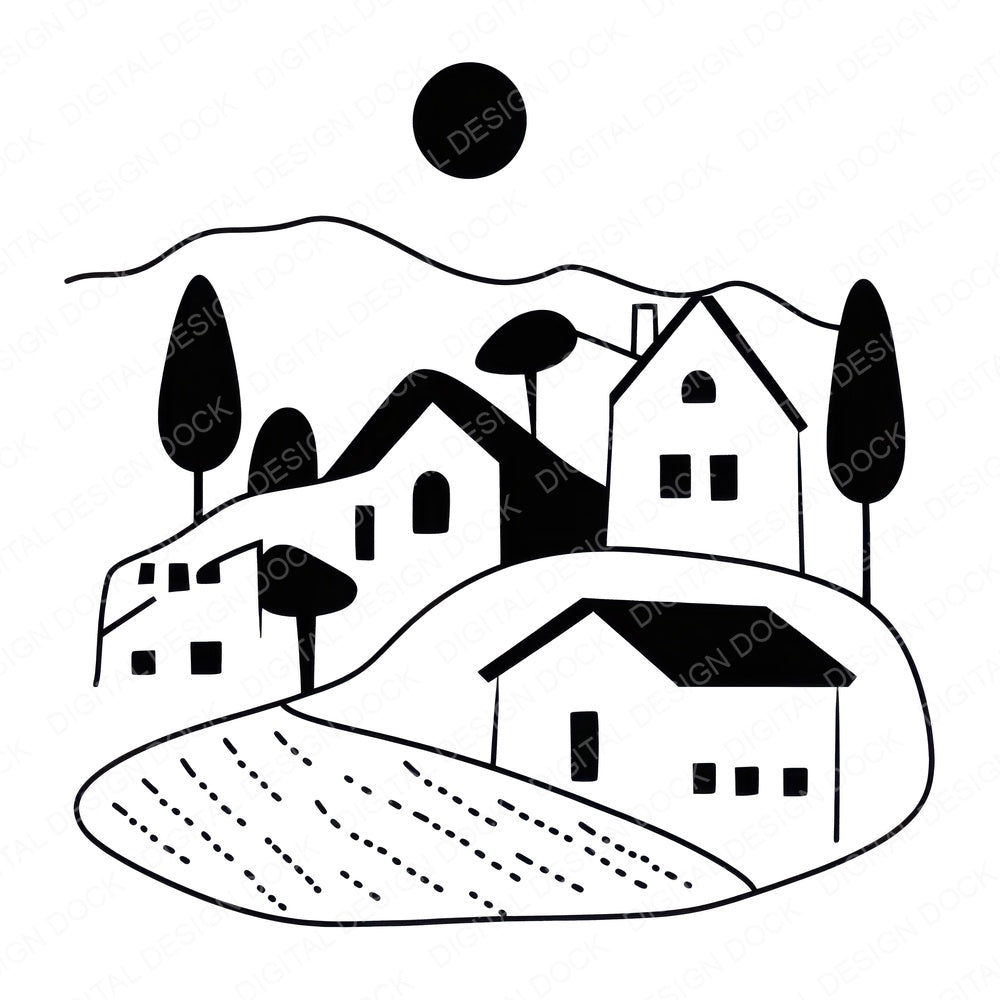 Minimal Abstract Countryside Village fussy cut sheet in A4 format showing all 12 designs on one printable page