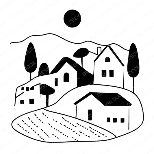 Minimal Abstract Countryside Village fussy cut sheet in A4 format showing all 12 designs on one printable page