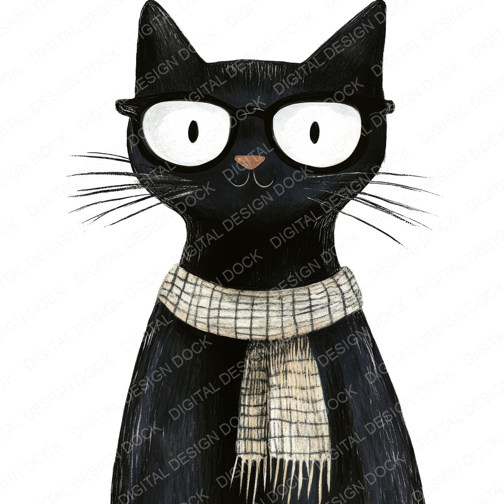 Minimal Black Cat Character fussy cut sheet in US Letter format showing all 12 designs on one printable page