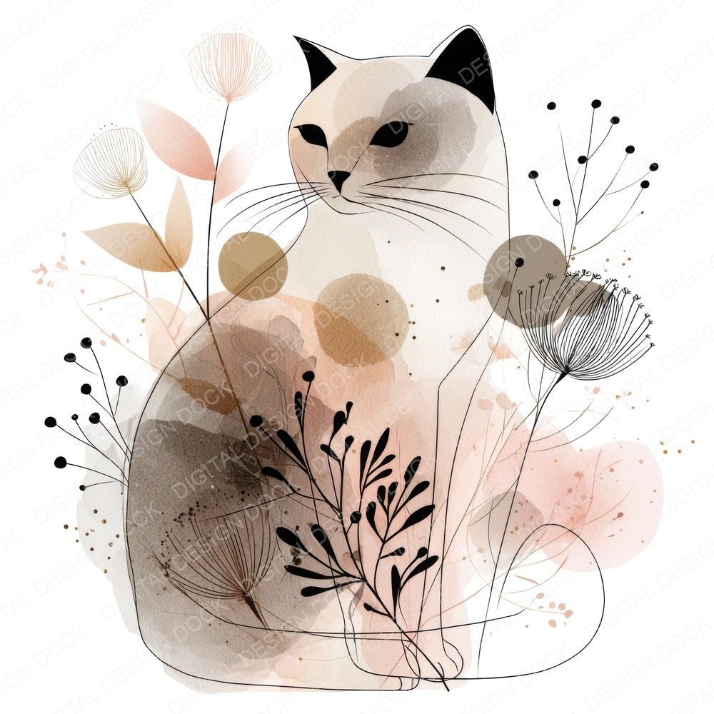 Minimal Floral Cat fussy cut sheet in A4 format showing all 12 designs on one printable page