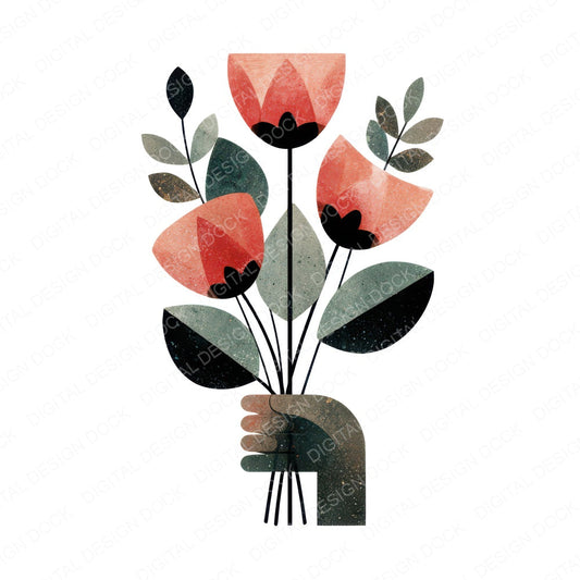 Minimal Hand Rose Bouquet Clipart Set (DDD008278)