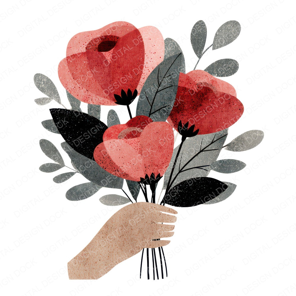 Minimal Hand Rose Bouquet fussy cut sheet in US Letter format showing all 12 designs on one printable page
